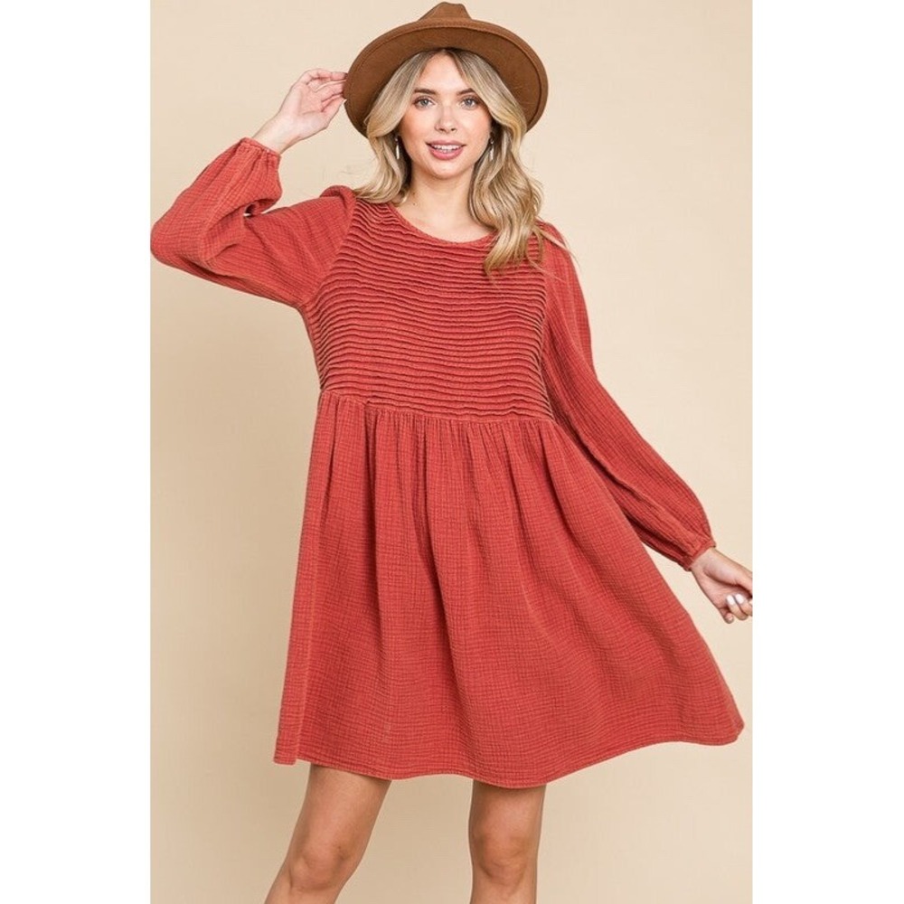 New Ott Women‎ Boho Rust Orange Pintuck Gauze Midi Dress Long Sleeve Boho Size S